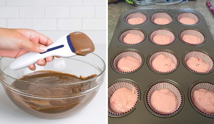 Genius Amazon baking tool scraping chocolate batter from bowl and cupcake liners filled with pink batter in muffin tray.