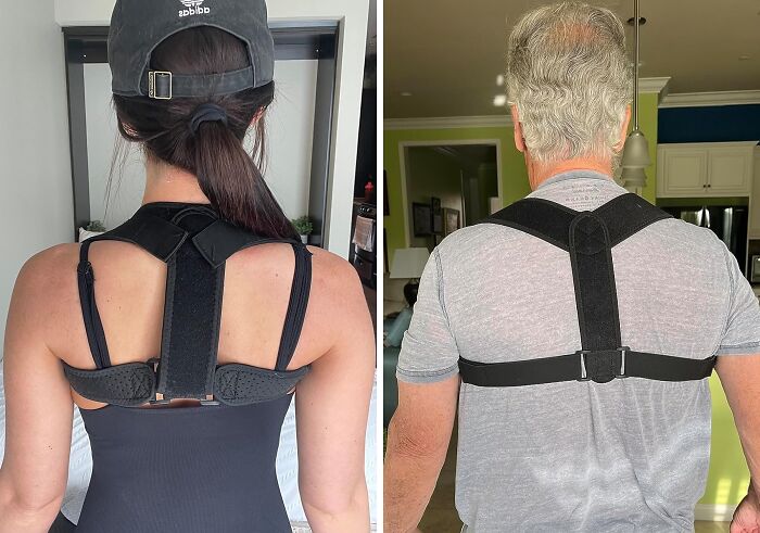 Two people wearing adjustable posture correctors indoors, demonstrating random useful items for back support.