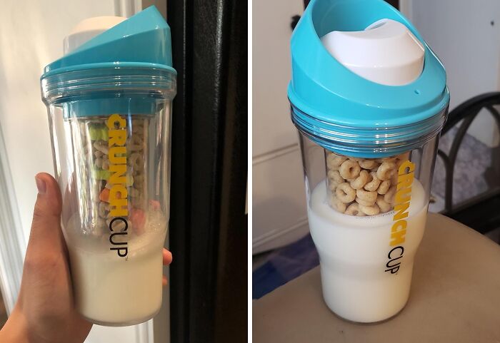 Crunch Cup showing a clever design with separate compartments for cereal and milk, highlighting its unexpected usefulness.