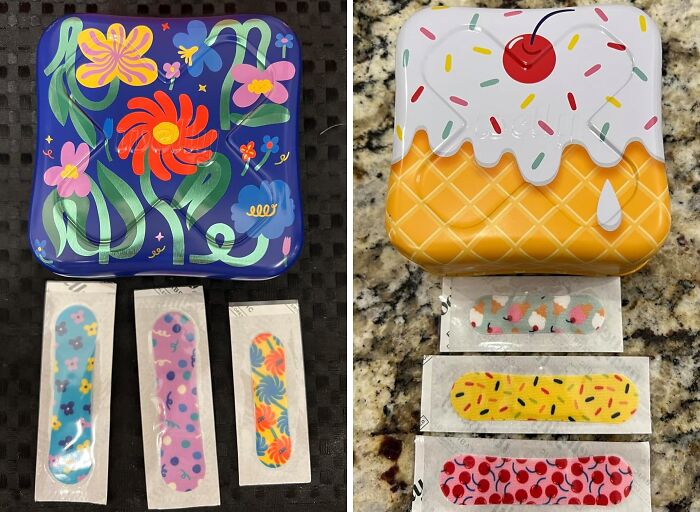 Colorful bandages in floral and dessert-themed tins on a table; an example of weird things that actually exist.