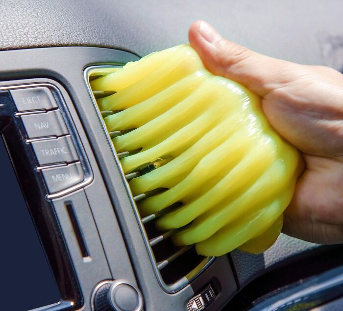 Yellow cleaning gel used for cleaning car dashboard, highlighting weird things that actually exist.