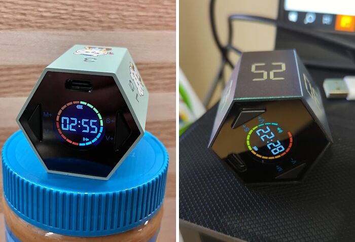 Hexagonal digital timer and clock, one placed on a peanut butter jar and another near a computer, showcasing genius Amazon finds.