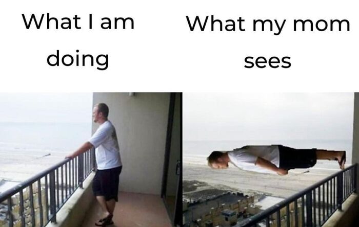 Man standing on a balcony, perceived humorously as hanging over the edge, illustrating a hilarious meme.