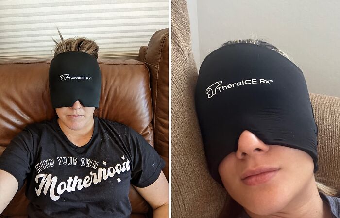 Two people relaxing with TheraICE Rx cooling eye masks, demonstrating useful pain relief and comfort products.