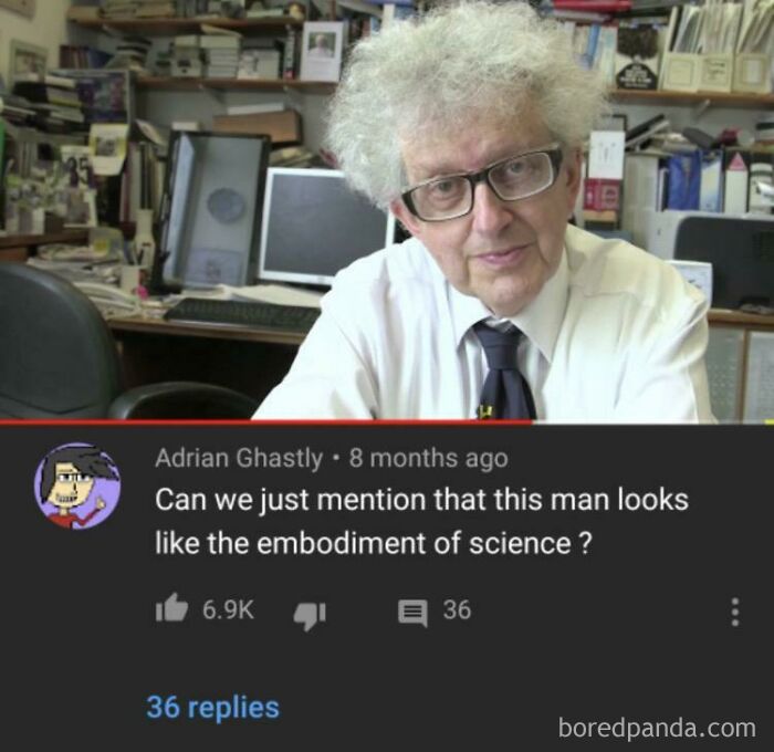 Man with white hair and glasses in an office; highlighted comment calls him "the embodiment of science."