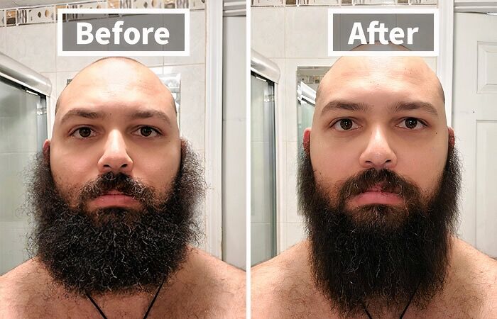 Before and after grooming beard transformation, highlighting a problem-solving product.