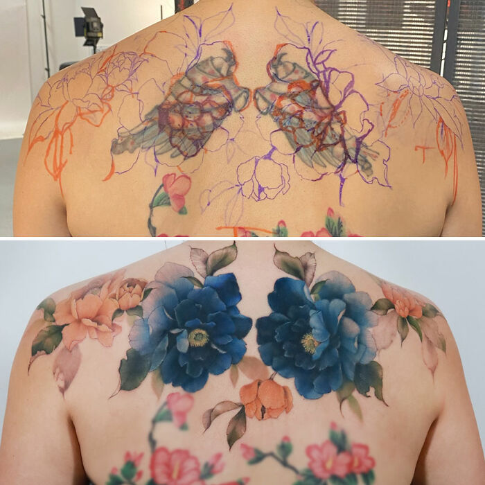 Watercolor-style tattoo designs featuring vibrant blue and peach flowers on a person's back.