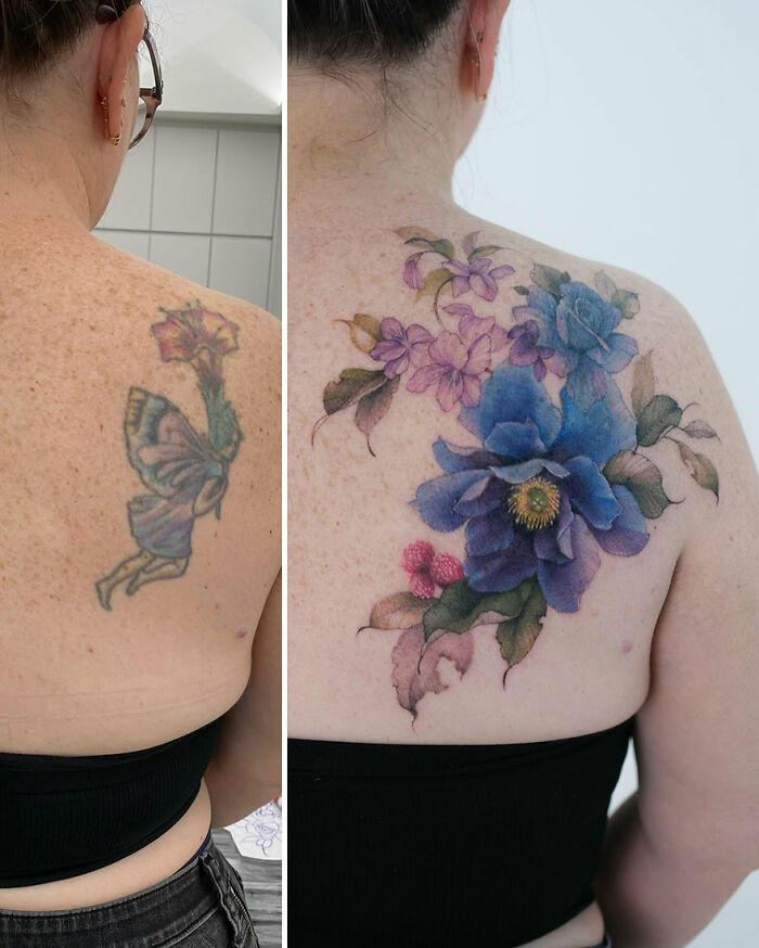 Watercolor-inspired tattoo design transformation, featuring vibrant florals on a person's back.