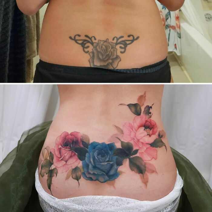 Watercolor tattoo designs by artist showcasing vibrant floral transformation on the lower back.