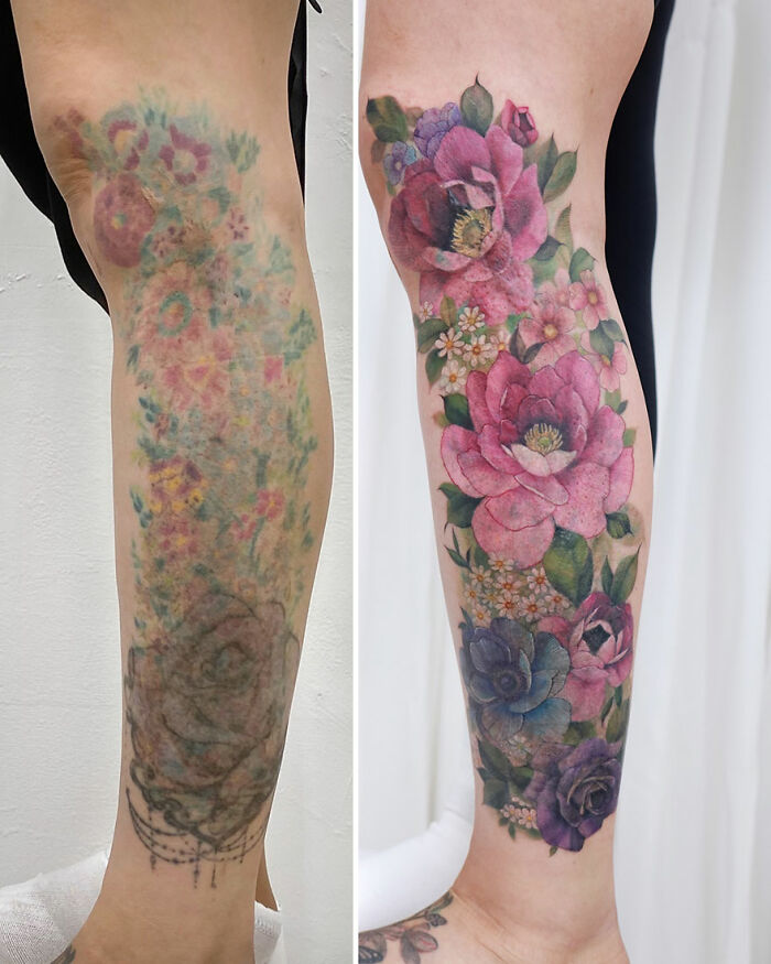 Watercolor tattoo design featuring vibrant pink and purple flowers on a forearm, before and after transformation.
