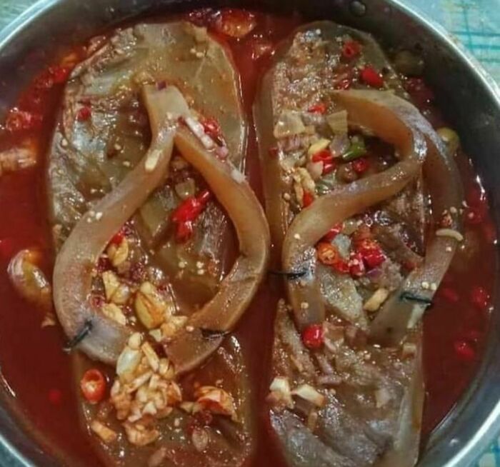 Pair of processed random photos showing marinated eggplants with garlic and chili peppers in a spicy sauce.