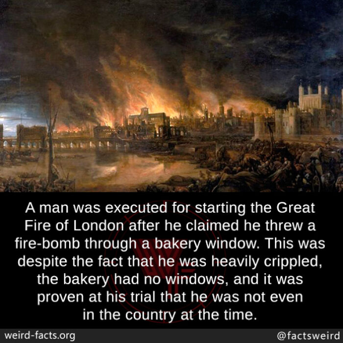 Great Fire of London painting with text about a man wrongfully executed for starting it.