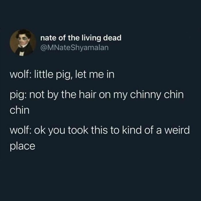 Millennial life meme featuring a humorous twist on the classic wolf and pig story.