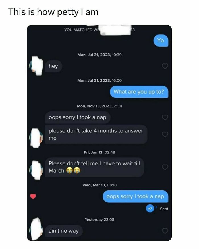 Text conversation meme highlighting delayed responses.