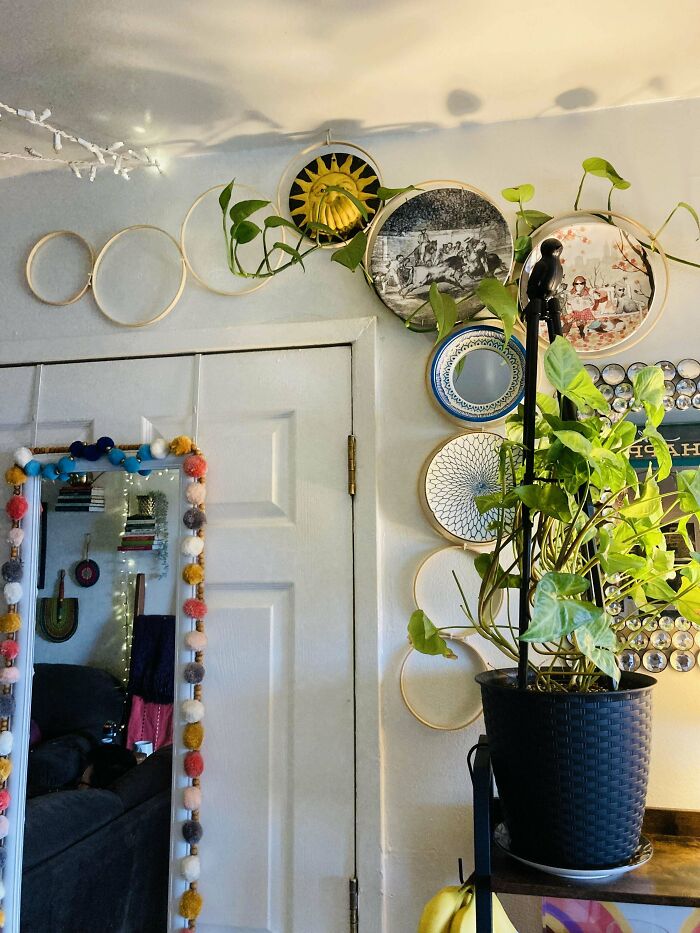 One Of The Things I Used For My Plants Were Hoops For The Vines To Grow Thru And Around… Then I Decided To Go Off Script And Put My Fav Plates Too! I Love The Way It Is Evolving!