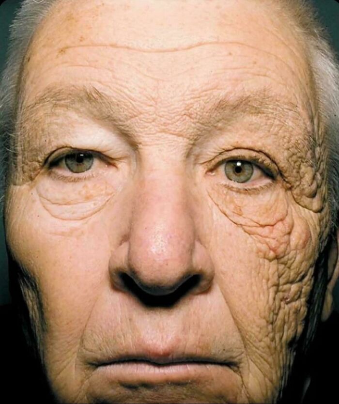 Persona con expresión de rostro detallada, reflejando una apariencia extrañamente aterradora.