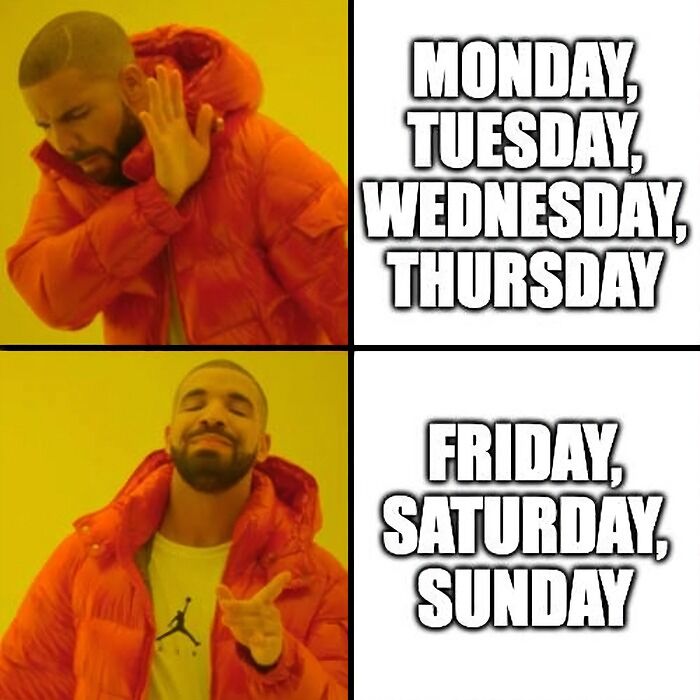Drake meme expressing dislike for weekdays and love for Friday and the weekend. Happy Friday vibes.