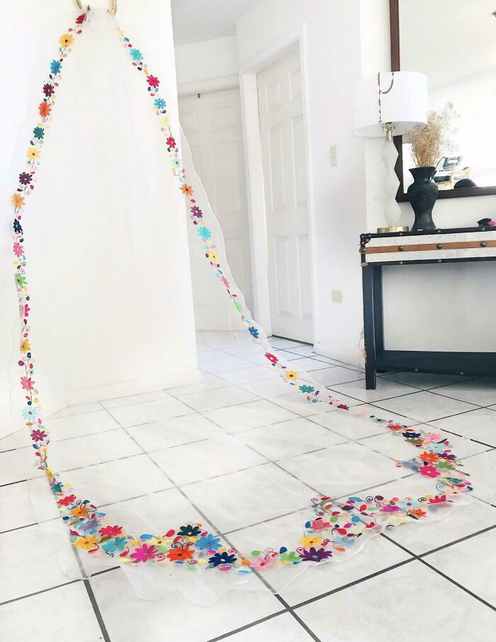 Mexican Wedding Veil With Rainbow Flowers Embroidered Around The Edges