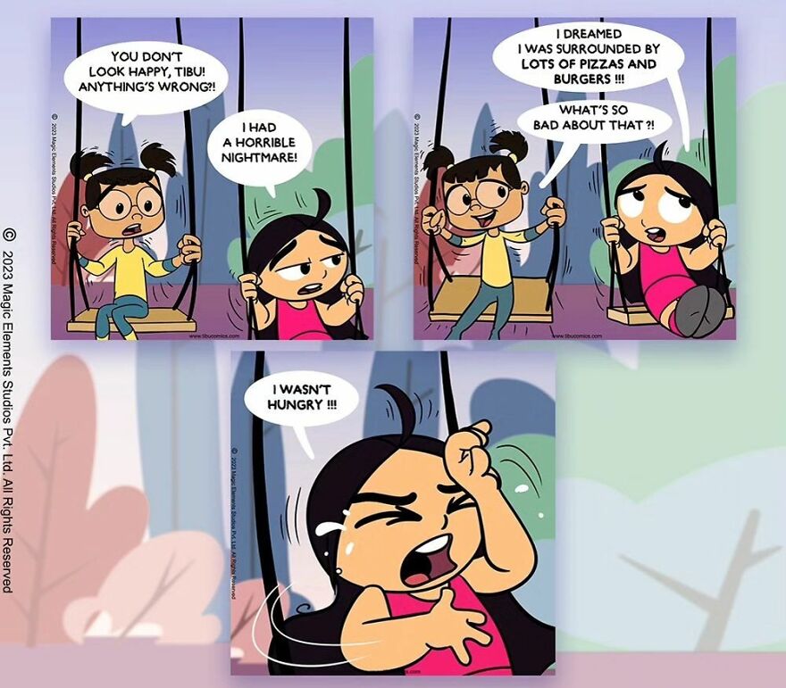 Comic strip from Adventures Of Tibu showing a spunky eight-year-old girl and her friend on swings talking about a nightmare.