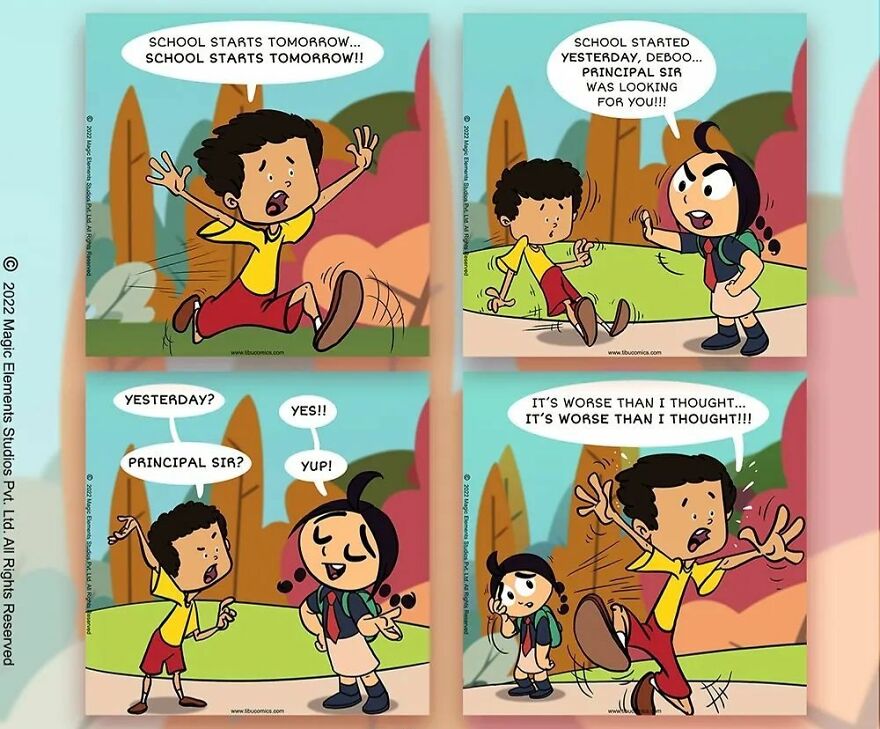 Comic panels featuring a spunky eight-year-old girl and a boy discussing school starting in Adventures Of Tibu.
