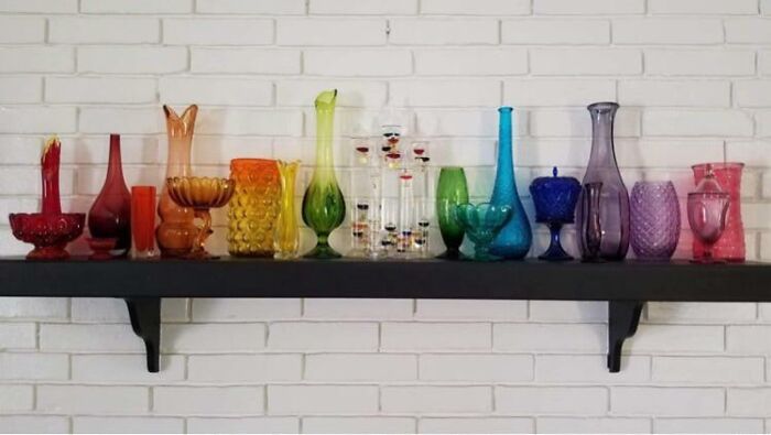 Our Ever-Evolving Glass Collection. Yes, We Have Cats, But Thankfully They Don’t Seem To Understand The Mantel Exists 😁