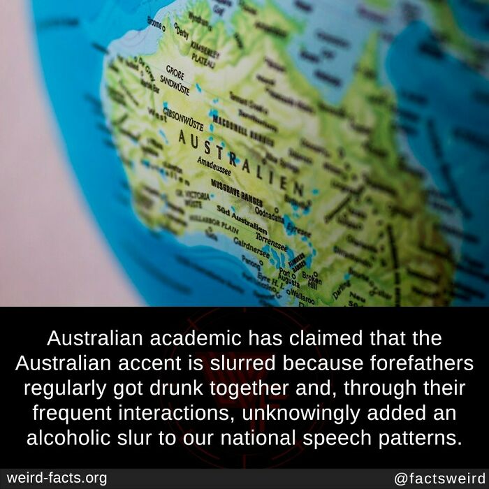 Map of Australia with text about a weird fact regarding the origin of the Australian accent.