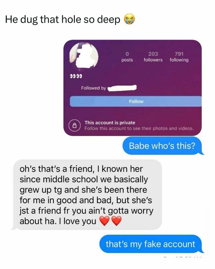 Social media meme about mistakenly identifying a fake account, with humorous text exchange.