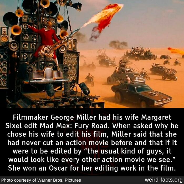 Mad Max: Fury Road scene with guitarist on vehicle, flames shooting out, showcasing one of many weird facts.