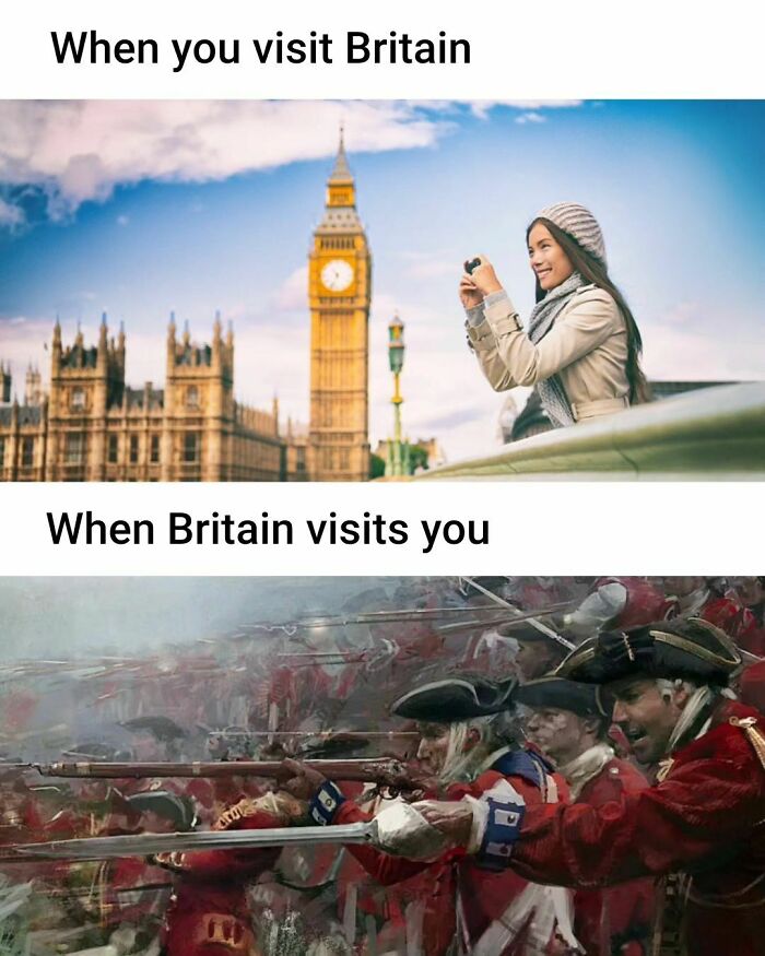 Tourist in front of Big Ben; painting of British soldiers below. Hilarious meme using great works of art.
