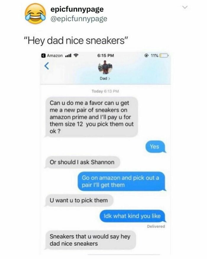 Text message meme about picking sneakers, highlighting humorous responsibility avoidance.