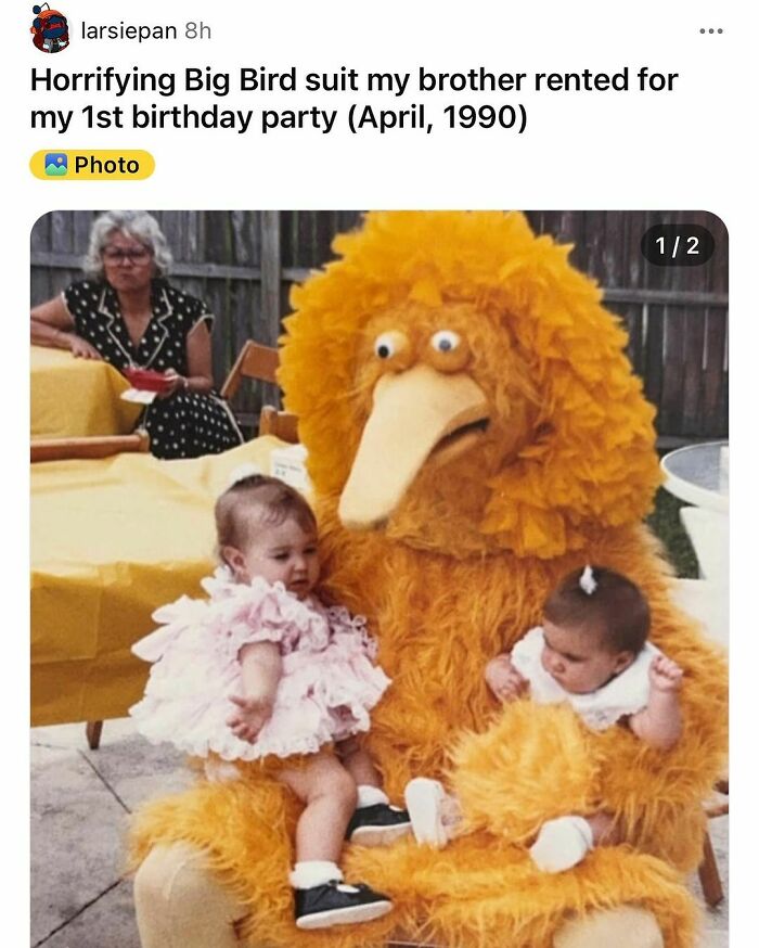 Two toddlers sitting with a person in a vintage Big Bird costume, nostalgic meme from childhood memories with Tamagotchis.