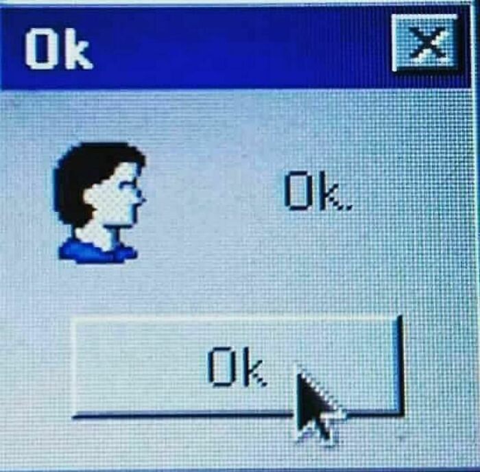 Retro computer dialog box with pixelated avatar and cursor clicking OK, illustrating random photos processing concept.