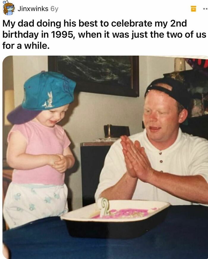 Father celebrating 2nd birthday in 1995 with a child, evoking nostalgia for Tamagotchis and VHS tapes era.