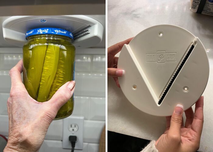 Hand using a jar opener on a pickle jar and a person holding a kitchen tool for home hacks and organization.