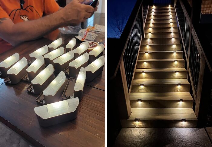 LED step lights being tested on a table and installed on outdoor wooden stairs as part of clever home hacks.