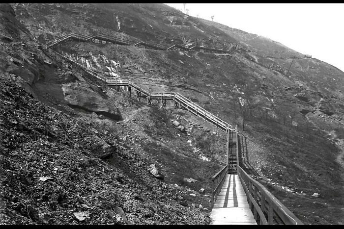 1911 Photo Of The Indian Trail Steps In Pittsburgh. Over 1000 Steps From The Level Of The Monongahela, Just Across The River From Downtown Pittsburgh, To The Top Of Mt. Washington, Which Was A Working-Class Neighborhood In Those Days. It Cost A Nickel To Ride The Duquesne Incline, Worth About $1.75 In Today's Economy, And Many People Climbed These Steps Both Ways To Save Ten Cents Every Day! The Steps Fell Into Disrepair And Disuse And Were Gone Before The Beginning Of Ww II.