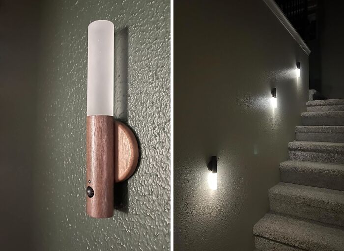 Motion sensor stair lights with wood accents provide a clever home hack for better nighttime safety and convenience.