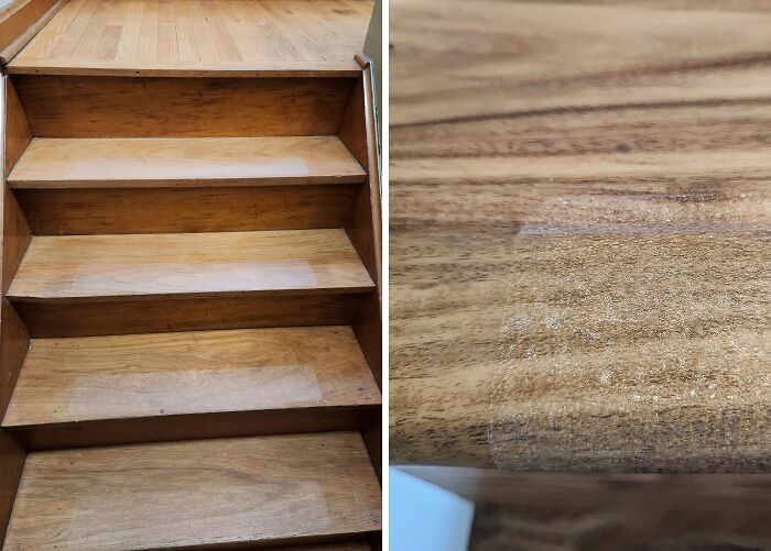 Wooden staircase with clean patches showing clever home hacks for improving and maintaining wood surfaces.