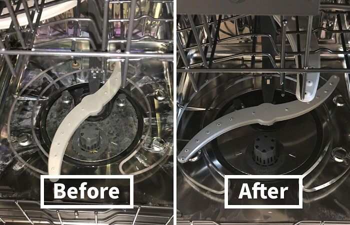 Dishwasher interior showing before and after cleaning, a useful find for people who want to nail adulting tasks efficiently.