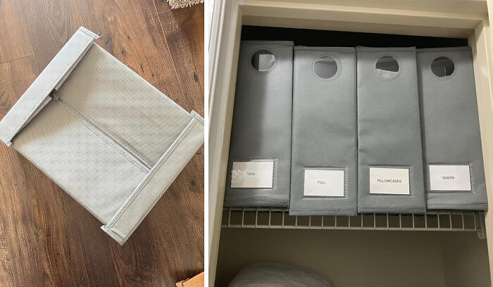 Organized fabric storage bins labeled for different bedding sizes in a closet, demonstrating clever home hacks for tidiness.