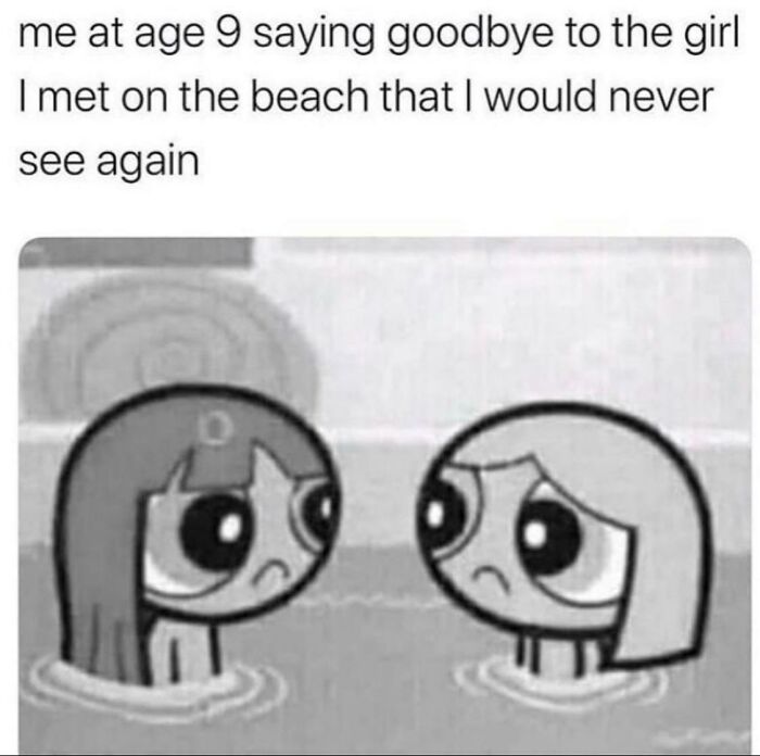 Two cartoon characters in water with sad expressions, illustrating a funny meme about a childhood beach farewell.