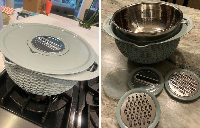 Plastic woven-style kitchen bowl with multiple interchangeable grater lids, shown on a stove and countertop for clever home hacks.