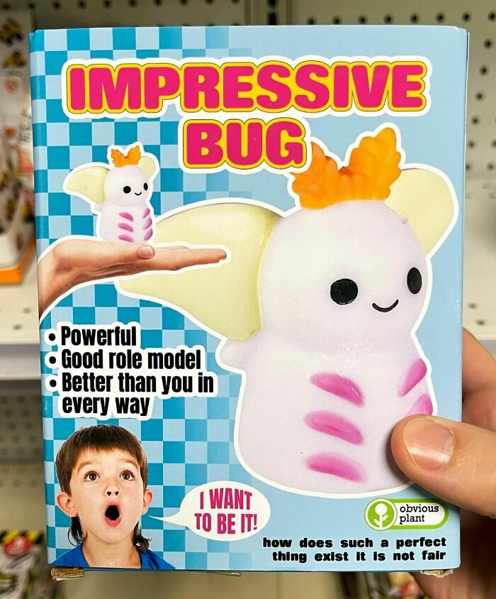 Fake product box of "Impressive Bug" toy by Obvious Plant, featuring humorously exaggerated traits.