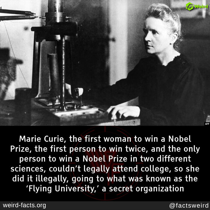 Marie Curie working in a laboratory, associated with weird facts about her achievements and education challenges.
