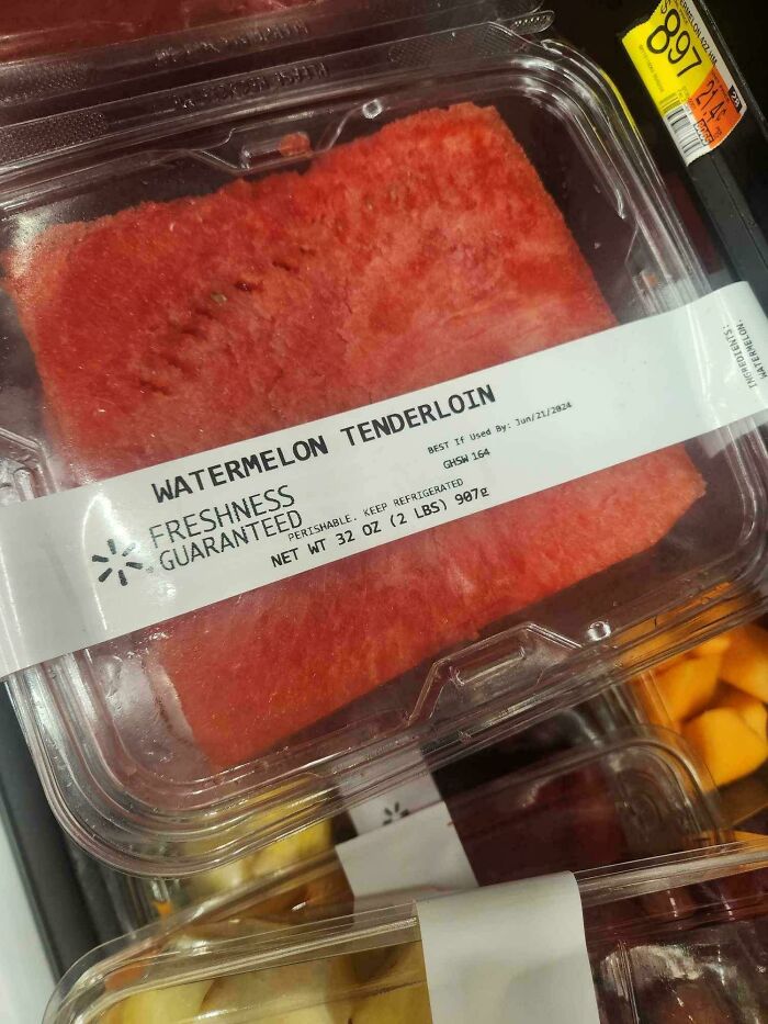 Packaged watermelon labeled as tenderloin, an unusual dish concept.