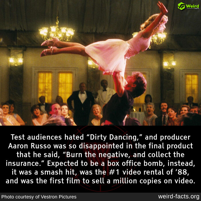 Scene from "Dirty Dancing" with a couple's iconic lift in a dance hall, highlighting a weird fact about its surprising success.