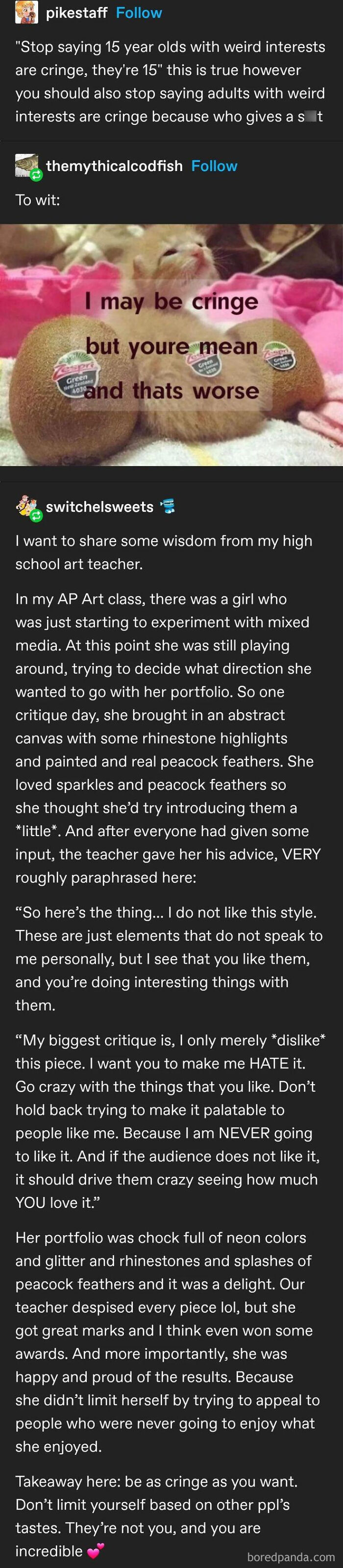 Cat meme and supportive text about embracing unique interests and creativity in art shared online.