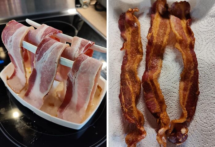 Before and after of bacon: uncooked strips on a rack next to crispy, cooked bacon on paper towels, highlighting transformation.