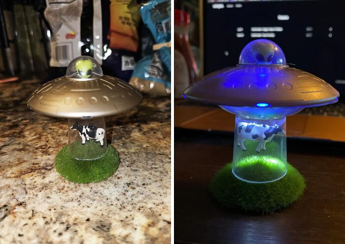 UFO-themed desk accessory with cow and alien, creating a fun work supply to lighten up Mondays.