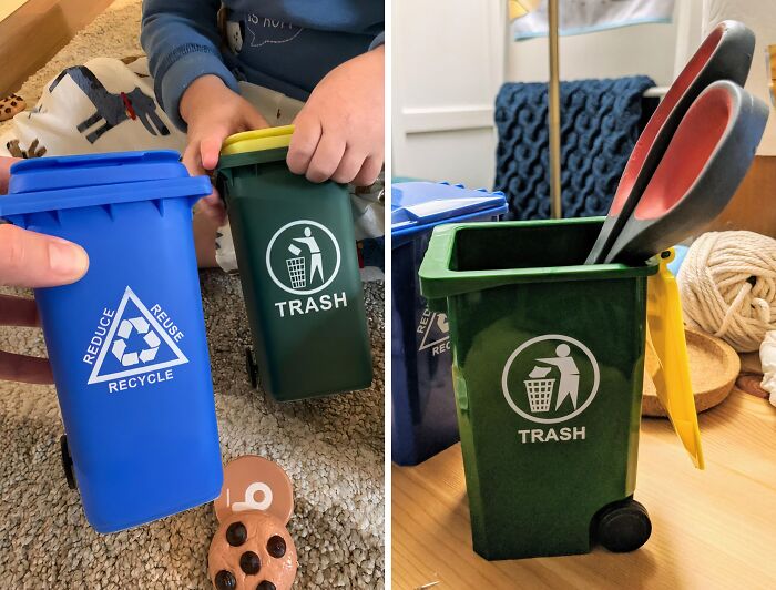 Miniature recycle bins for work supplies organization.